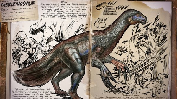 Tamed therizinosaurus useful in collecting wood, meet, berries and etc. as well as battle support